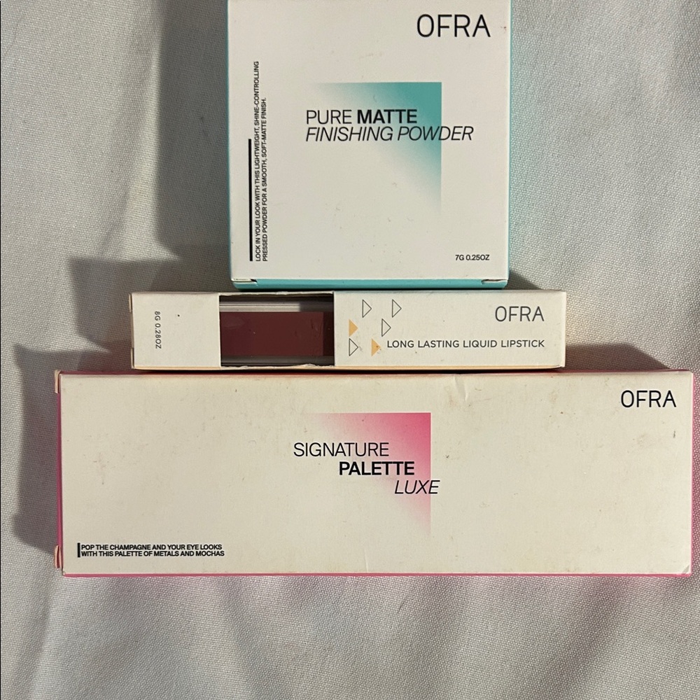 Ofra Three Piece Set eyeshadow liquid lipstick and pure matte finishing powder